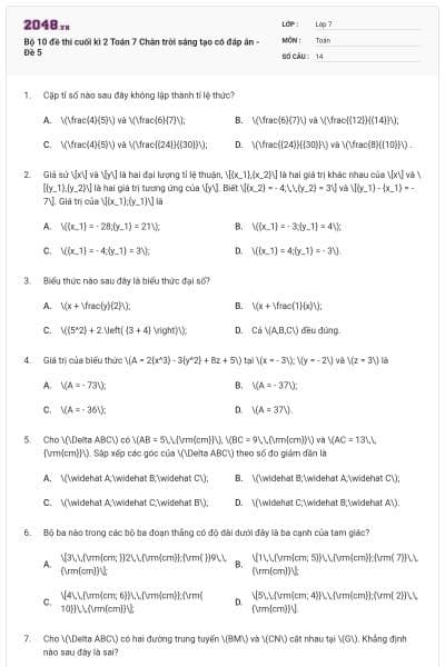 Bộ 10 đề thi cuối kì 2 Toán 7 Chân trời sáng tạo có đáp án - Đề 5