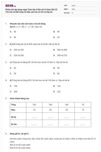 Phiếu bài tập hàng ngày Toán lớp 4 Kết nối tri thức Bài 25. Tìm hai số biết tổng và hiệu của hai số đó có đáp án