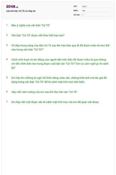 câu hỏi bài: Cô Tô có đáp án