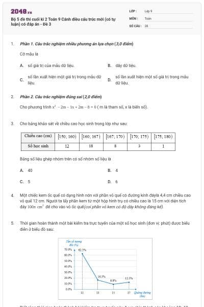 Bộ 5 đề thi cuối kì 2 Toán 9 Cánh diều cấu trúc mới (có tự luận) có đáp án - Đề 3