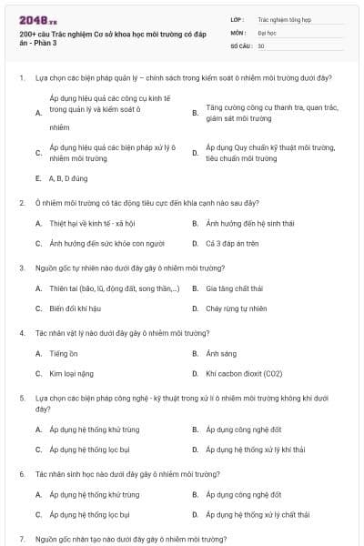 200+ câu Trắc nghiệm Cơ sở khoa học môi trường có đáp án - Phần 3