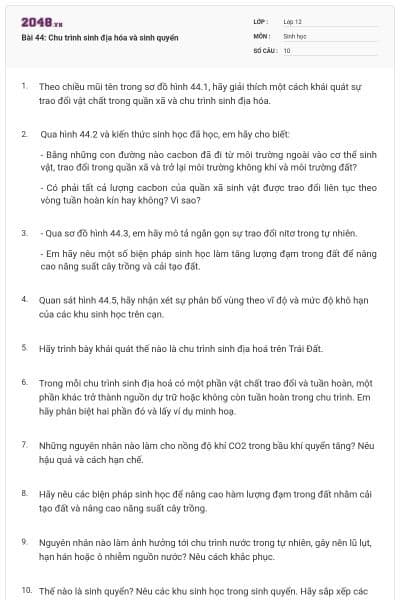 Bài 44: Chu trình sinh địa hóa và sinh quyển