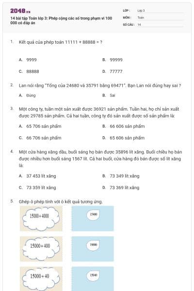 14 bài tập Toán lớp 3: Phép cộng các số trong phạm vi 100 000 có đáp án