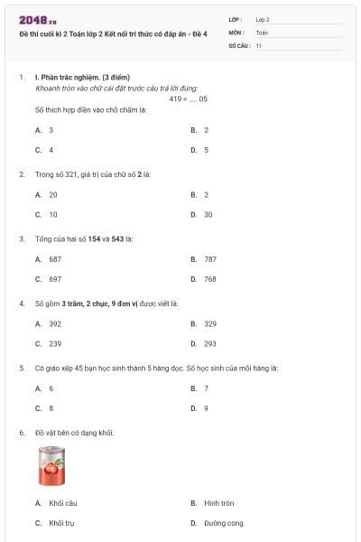 Đề thi cuối kì 2 Toán lớp 2 Kết nối tri thức có đáp án - Đề 4