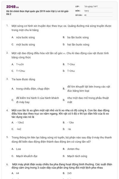 Đề thi chính thức thpt quốc gia 2019 môn Vật Lí có lời giải- Đề 2