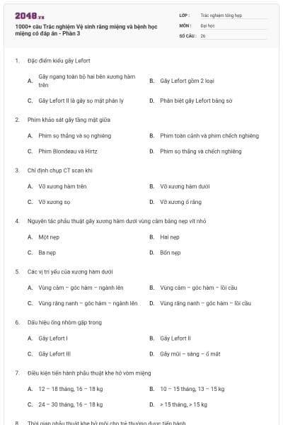 1000+ câu Trắc nghiệm Vệ sinh răng miệng và bệnh học miệng có đáp án - Phần 3