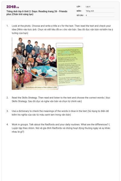 Tiếng Anh lớp 6 Unit 2: Days: Reading trang 26 - Friends plus (Chân trời sáng tạo)