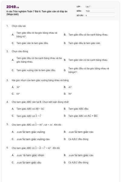 6 câu Trắc nghiệm Toán 7 Bài 6: Tam giác cân có đáp án (Nhận biết)