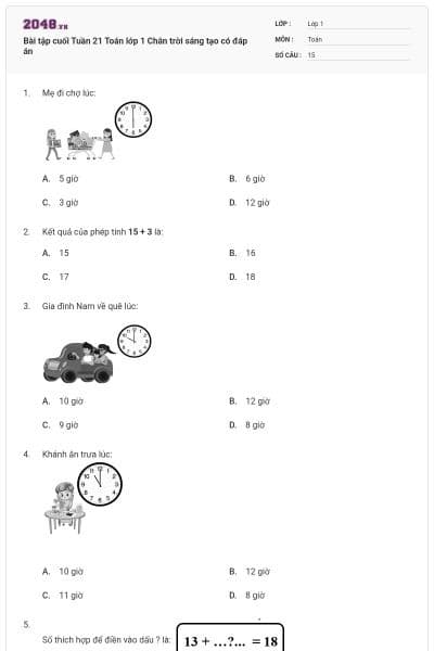 Bài tập cuối Tuần 21 Toán lớp 1 Chân trời sáng tạo có đáp án