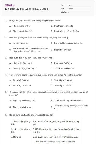 Bộ 4  Đề kiểm tra 1 tiết Lịch Sử 10 Chương 6 (Đề 3)