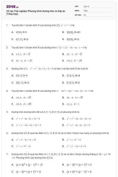 29 câu Trắc nghiệm Phương trình đường tròn có đáp án (Tổng hợp)