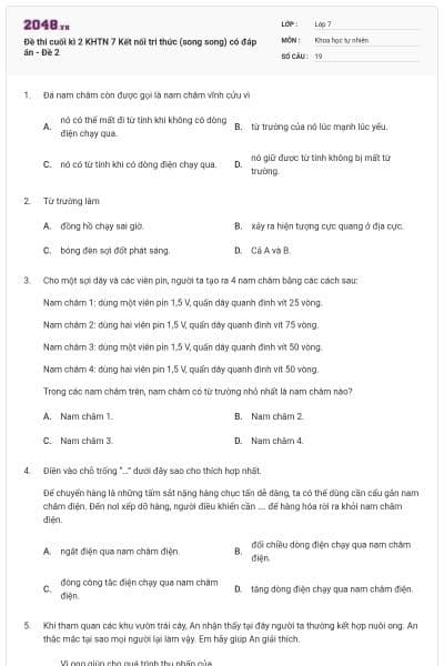 Đề thi cuối kì 2 KHTN 7 Kết nối tri thức (song song) có đáp án - Đề 2