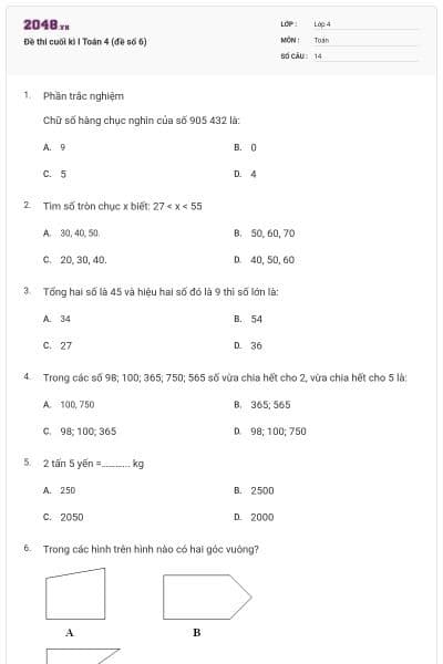 Đề thi cuối kì I Toán 4 (đề số 6)