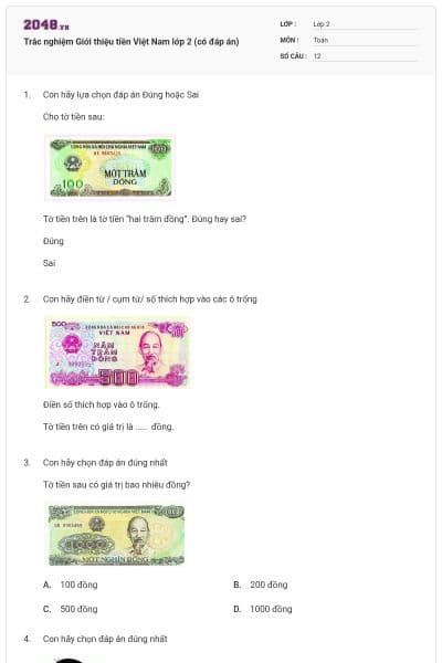 Trắc nghiệm Giới thiệu tiền Việt Nam lớp 2 (có đáp án)