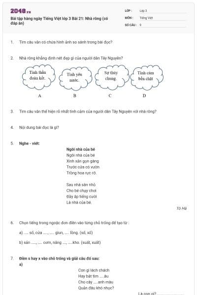 Bài tập hàng ngày Tiếng Việt lớp 3 Bài 21: Nhà rông (có đáp án)