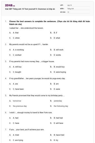 Giải SBT Tiếng anh 10 Test yourself 4: Grammar có đáp án