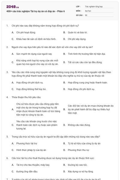 400+ câu trắc nghiệm Tài trợ dự án có đáp án - Phần 6
