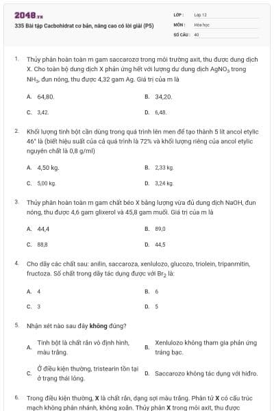 335 Bài tập Cacbohidrat cơ bản, nâng cao có lời giải (P5)