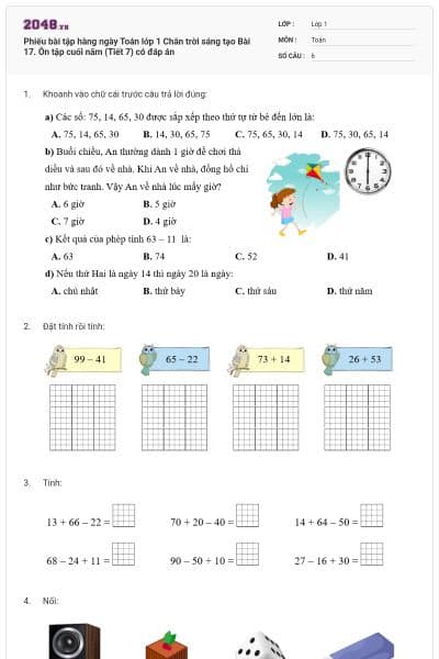 Phiếu bài tập hàng ngày Toán lớp 1 Chân trời sáng tạo Bài 17. Ôn tập cuối năm (Tiết 7) có đáp án