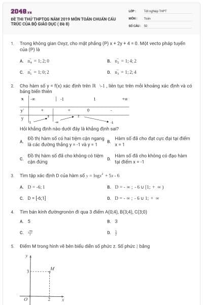 ĐỀ THI THỬ THPTQG NĂM 2019 MÔN TOÁN CHUẨN CẤU TRÚC CỦA BỘ GIÁO DỤC ( Đề 8)