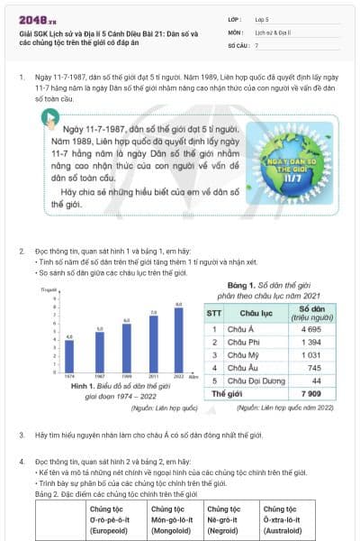 Giải SGK Lịch sử và Địa lí 5 Cánh Diều Bài 21: Dân số và các chủng tộc trên thế giới có đáp án