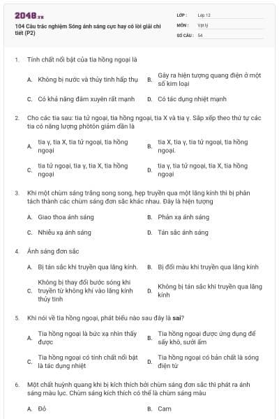 104 Câu trắc nghiệm Sóng ánh sáng cực hay có lời giải chi tiết (P2)