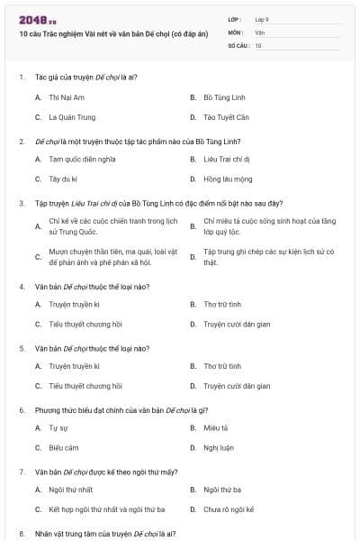 10 câu Trắc nghiệm Vài nét về văn bản Dế chọi (có đáp án)