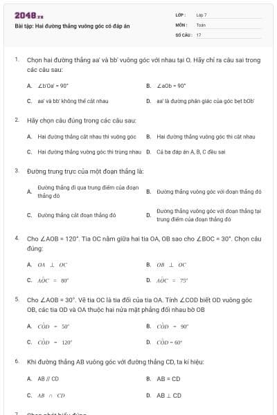 Bài tập: Hai đường thẳng vuông góc có đáp án