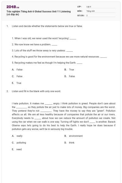 Trắc nghiệm Tiếng Anh 6 Global Success Unit 11 Listening (có đáp án)