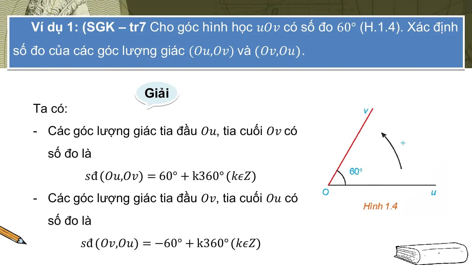 Ví dụ 1: (SGK – tr7 Cho góc hình học 𝑢𝑂𝑣 có số đo 60° (H.1.4). Xác định
số đo của các góc lượng giác (𝑂𝑢,𝑂𝑣) và 𝑂𝑣,𝑂𝑢 .

 Giải
 Ta có:
 - Các góc lượng giác tia đầu 𝑂𝑢, tia cuối 𝑂𝑣 có
 số đo là
 𝑠đ 𝑂𝑢,𝑂𝑣 = 60° + k360° 𝑘𝜖𝑍
 - Các góc lượng giác tia đầu 𝑂𝑣, tia cuối 𝑂𝑢 có
 số đo là
 𝑠đ 𝑂𝑣,𝑂𝑢 = −60° + k360° 𝑘𝜖𝑍