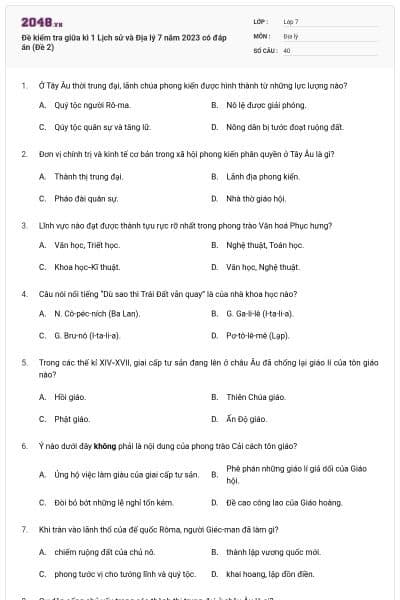 Đề kiểm tra giữa kì 1 Lịch sử và Địa lý 7 năm 2023 có đáp án (Đề 2)