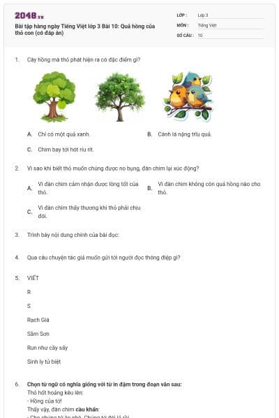Bài tập hàng ngày Tiếng Việt lớp 3 Bài 10: Quả hồng của thỏ con (có đáp án)
