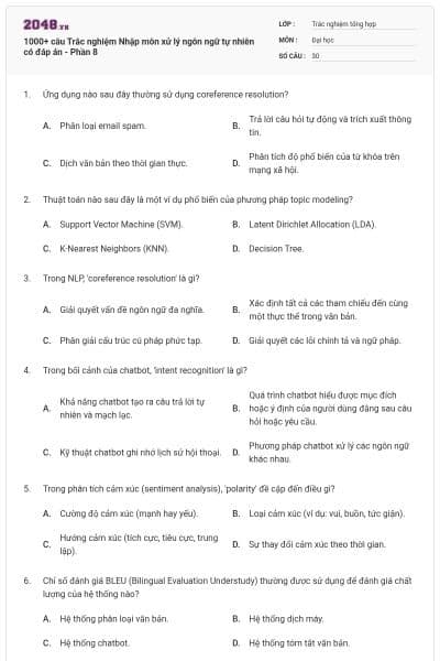 1000+ câu Trắc nghiệm Nhập môn xử lý ngôn ngữ tự nhiên có đáp án - Phần 8