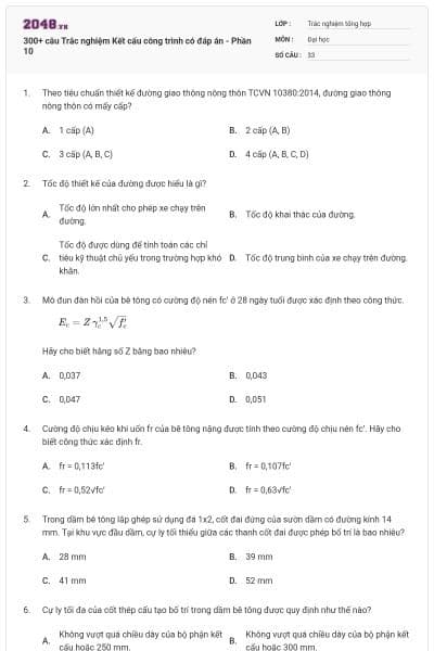 300+ câu Trắc nghiệm Kết cấu công trình có đáp án - Phần 10