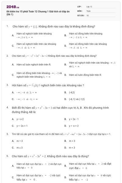 Đề kiểm tra 15 phút Toán 12 Chương 1 Giải tích có đáp án (Đề 1)