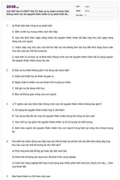 Giải SBT Địa lí 6 KNTT Bài 29: Bảo vệ tự nhiên và khai thác thông minh các tài nguyên thiên nhiên vì sự phát triển bền vững có đáp án
