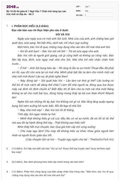 Bộ 10 đề thi giữa kì 1 Ngữ Văn 7 Chân trời sáng tạo cấu trúc mới có đáp án - Đề 3