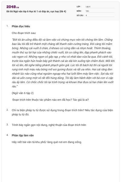 Đề thi Ngữ văn lớp 6 Học kì 1 có đáp án, cực hay (Đề 4)