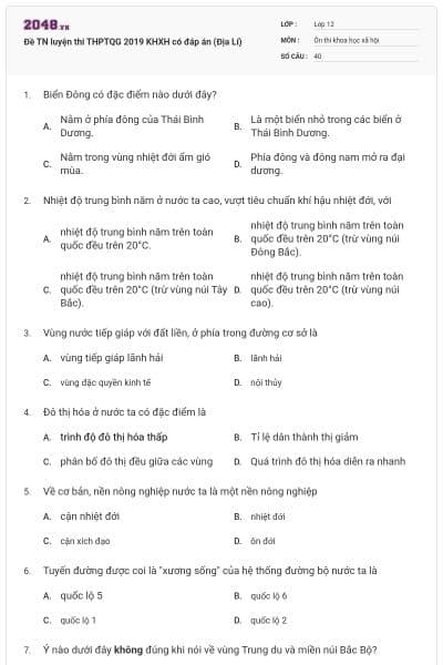 Đề TN luyện thi THPTQG 2019 KHXH có đáp án (Địa Lí)