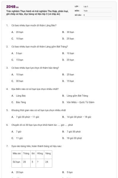 Trắc nghiệm Thực hành và trải nghiệm Thu thập, phân loại, ghi chép số liệu, đọc bảng số liệu lớp 3 (có đáp án)