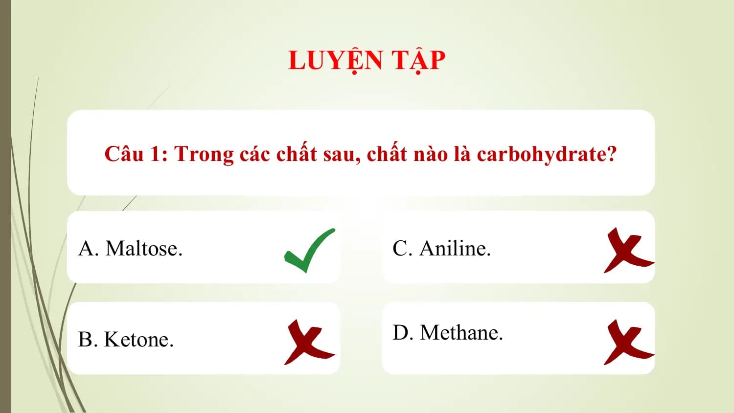 LUYỆN TẬP

 Câu 1: Trong các chất sau, chất nào là carbohydrate?

A. Maltose. C. Aniline.

B. Ketone. D. Methane.