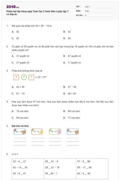 Phiếu bài tập hàng ngày Toán lớp 2 Cánh diều Luyện tập 7 có đáp án