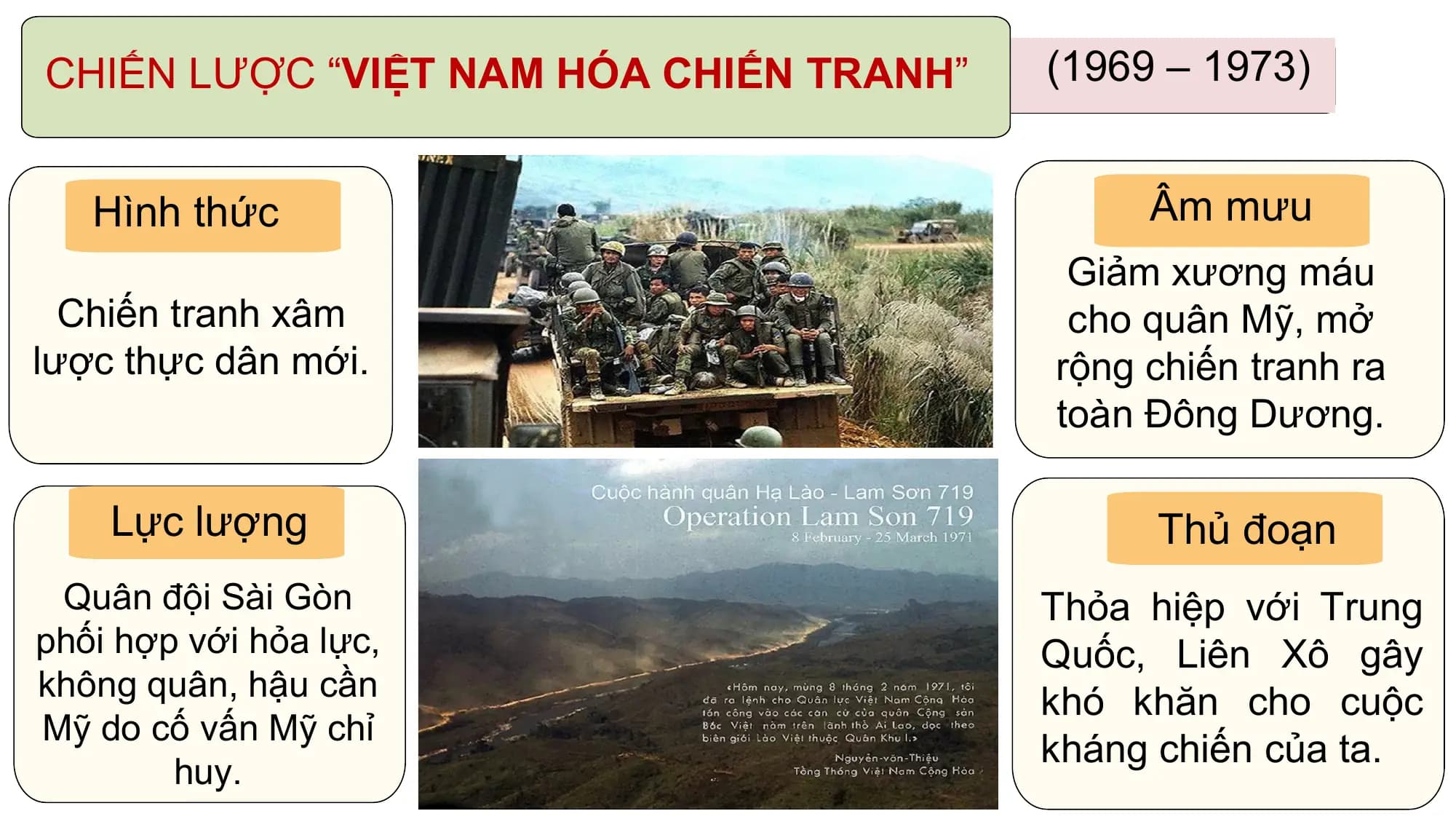 CHIẾN LƯỢC “VIỆT NAM HÓA CHIẾN TRANH” (1969 – 1973)

 Hình thức Âm mưu
 Giảm xương máu
 Chiến tranh xâm cho quân Mỹ, mở
lược thực dân mới. rộng chiến tranh ra
 toàn Đông Dương.

 Lực lượng Thủ đoạn
 Quân đội Sài Gòn Thỏa hiệp với Trung
phối hợp với hỏa lực, Quốc, Liên Xô gây
không quân, hậu cần
 khó khăn cho cuộc
Mỹ do cố vấn Mỹ chỉ
 kháng chiến của ta.
 huy.