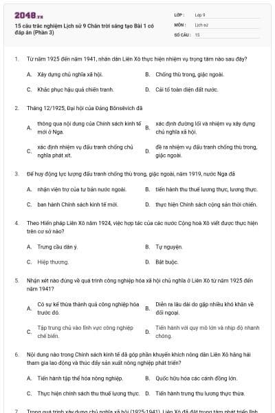 15 câu trắc nghiệm Lịch sử 9 Chân trời sáng tạo Bài 1 có đáp án (Phần 3)