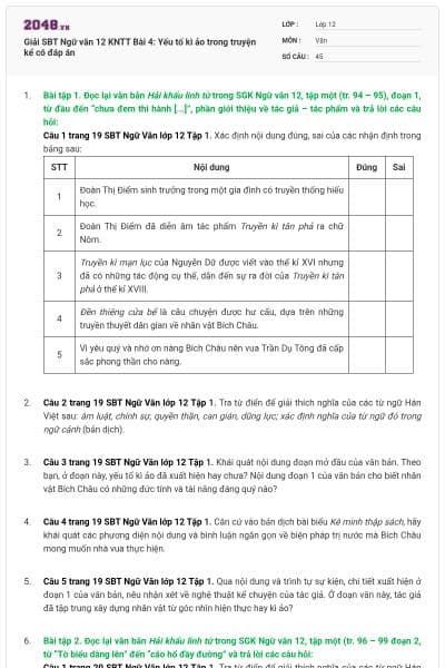 Giải SBT Ngữ văn 12 KNTT Bài 4: Yếu tố kì ảo trong truyện kể có đáp án