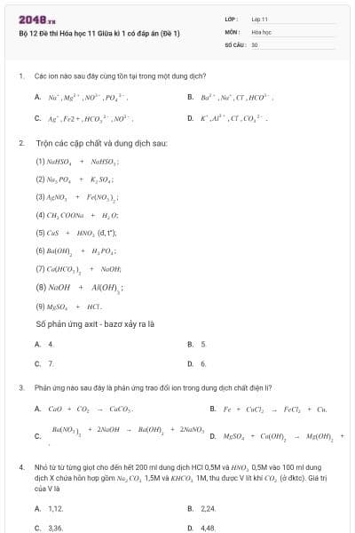 Bộ 12 Đề thi Hóa học 11 Giữa kì 1 có đáp án (Đề 1)