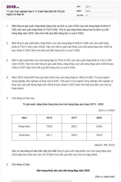 11 câu Trắc nghiệm Địa lí 11 Cánh diều Bài 20 (Trả lời ngắn) có đáp án