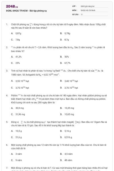 ĐGNL ĐHQG TP.HCM - Bài tập phóng xạ