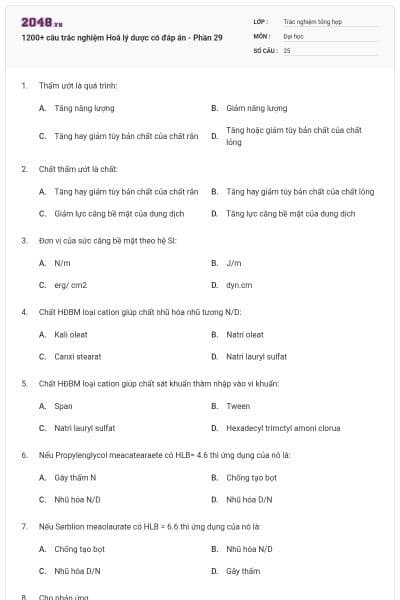 1200+ câu trắc nghiệm Hoá lý dược có đáp án - Phần 29