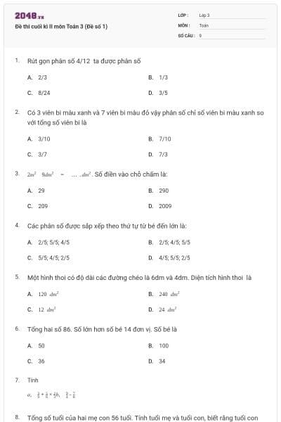 Đề thi cuối kì II môn Toán 3 (Đề số 1)